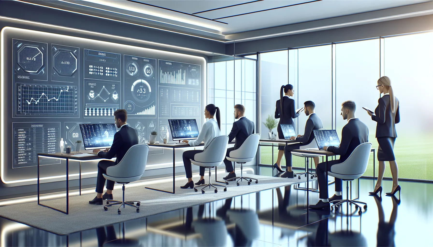 professionals engaged in live sports betting in a modern office.