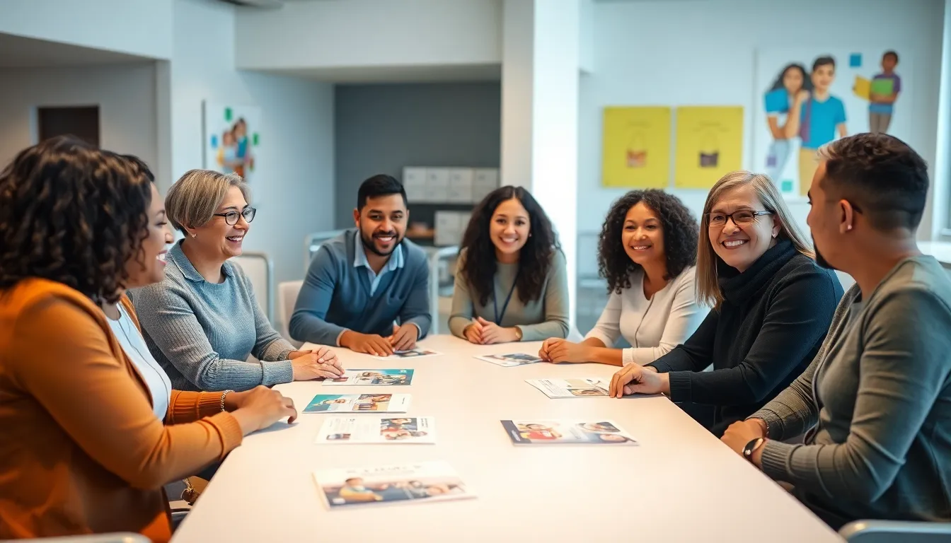 parents discussing strategies for children with disabilities in a community center.