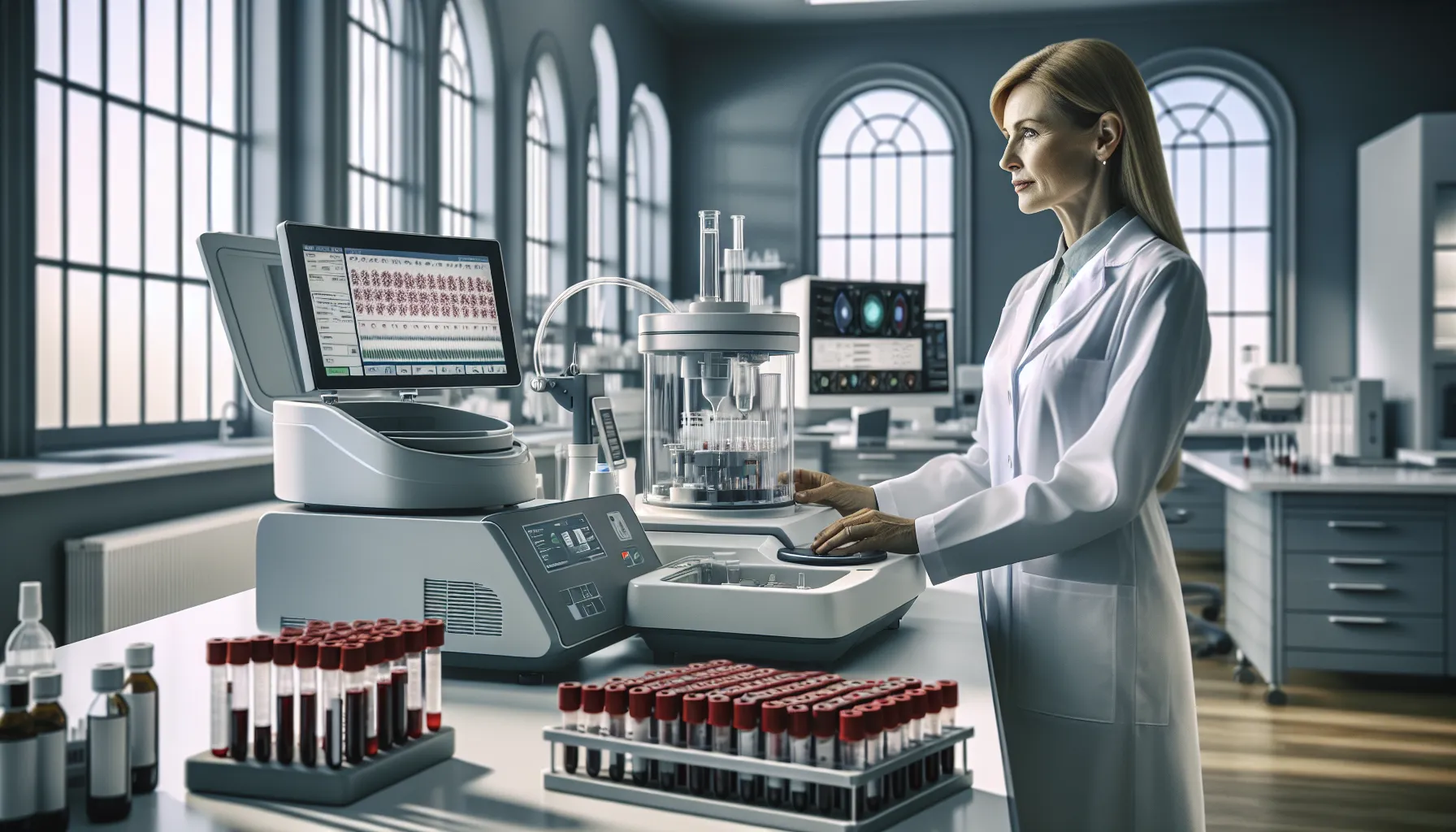 healthcare professional analyzing blood samples in a modern lab.