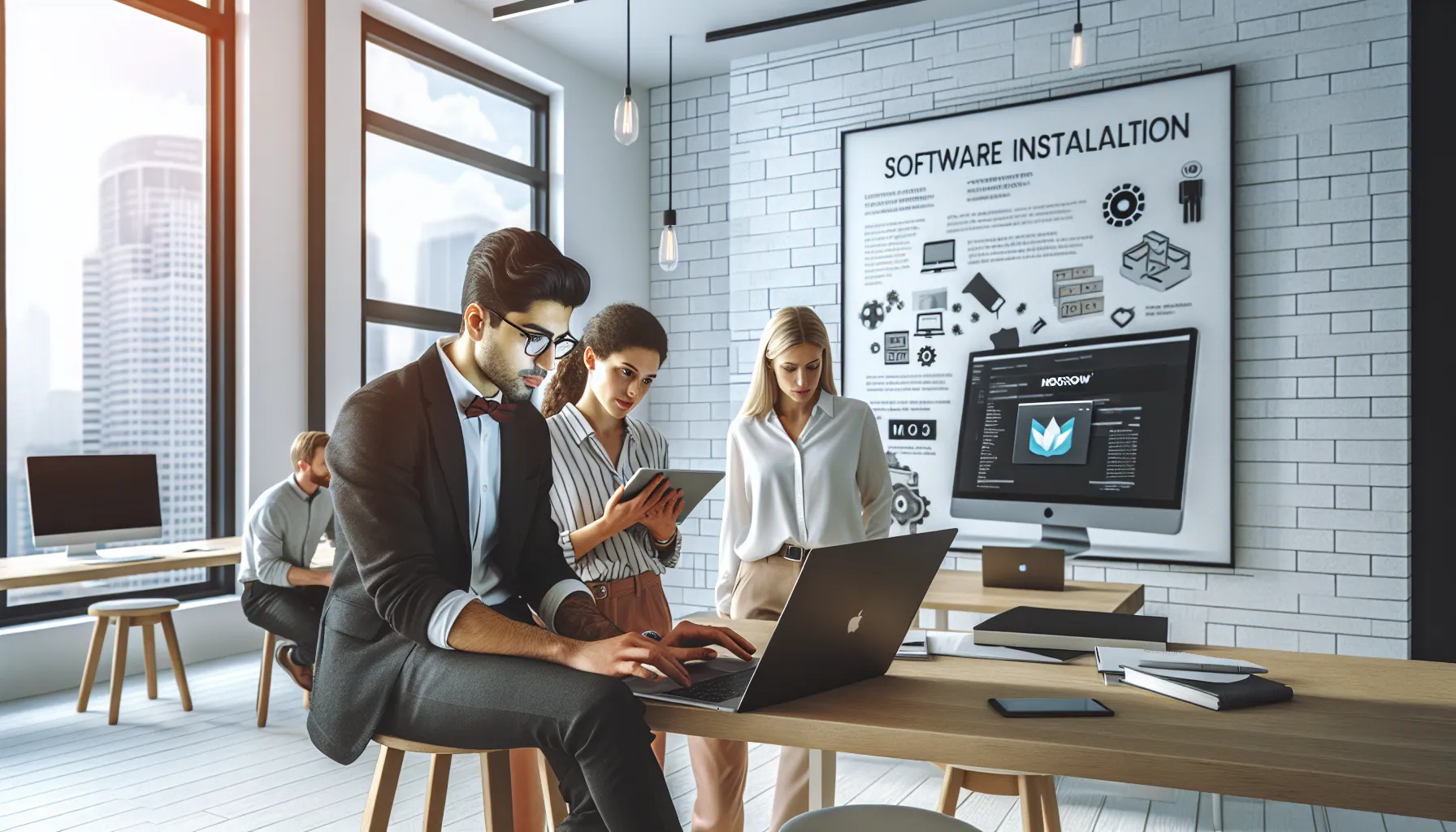 team members collaborating on software installation in a modern office.