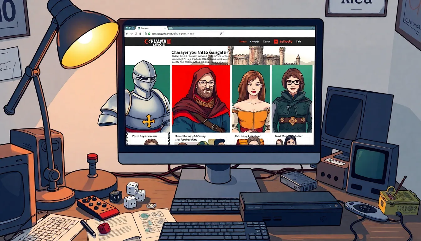 a computer screen displaying the r/CK2Generator subreddit with generated characters.