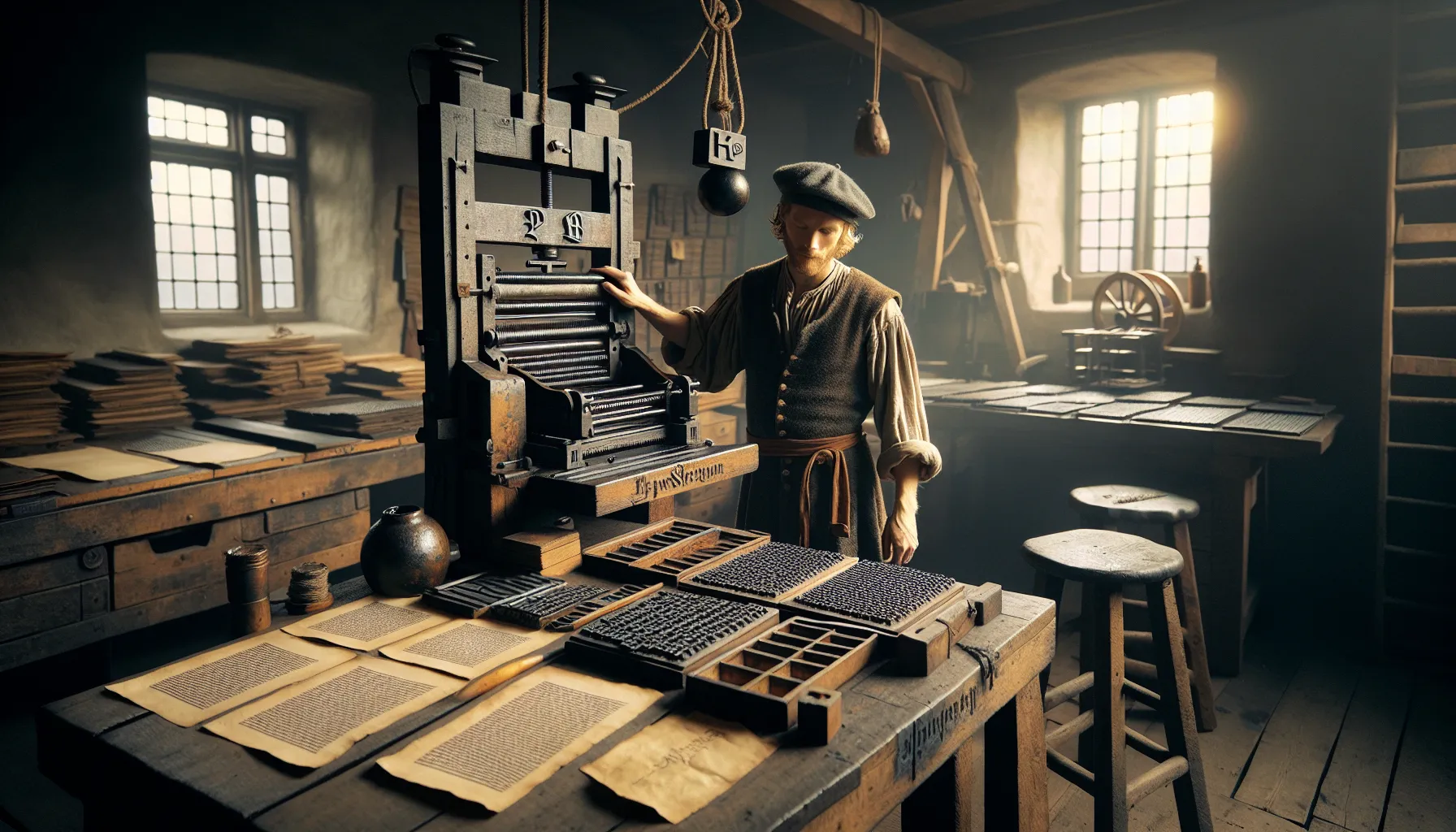 Hvordan trykkekunsten endret verden 2 Norwegian printer operates a wooden press as a monk copies by candlelight.