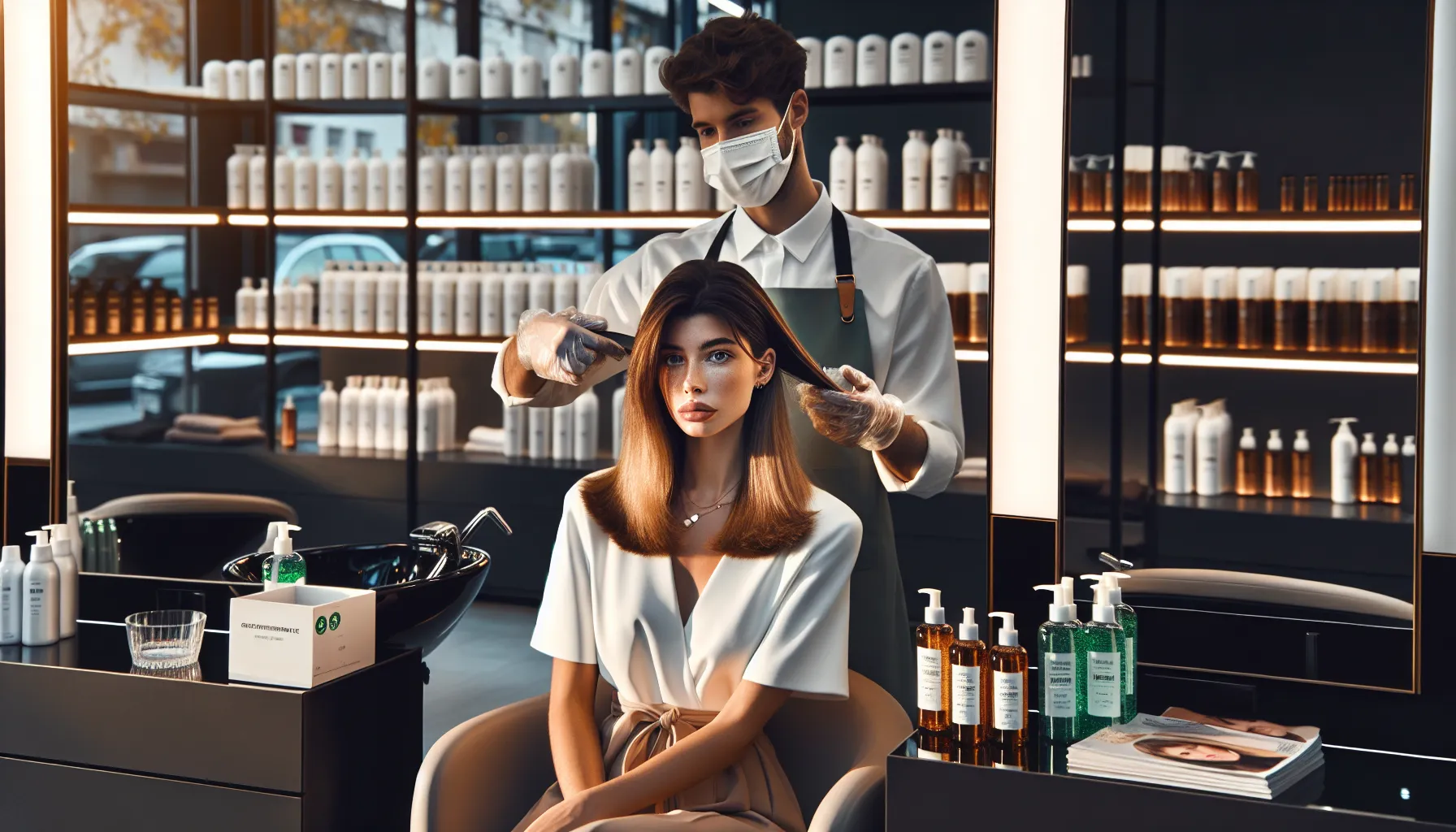 A stylist applies formaldehyde-free keratin treatment to a client's hair in a salon.