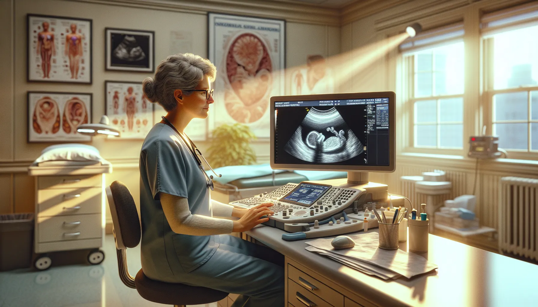 a technician examining a fetal ultrasound image to determine gender.