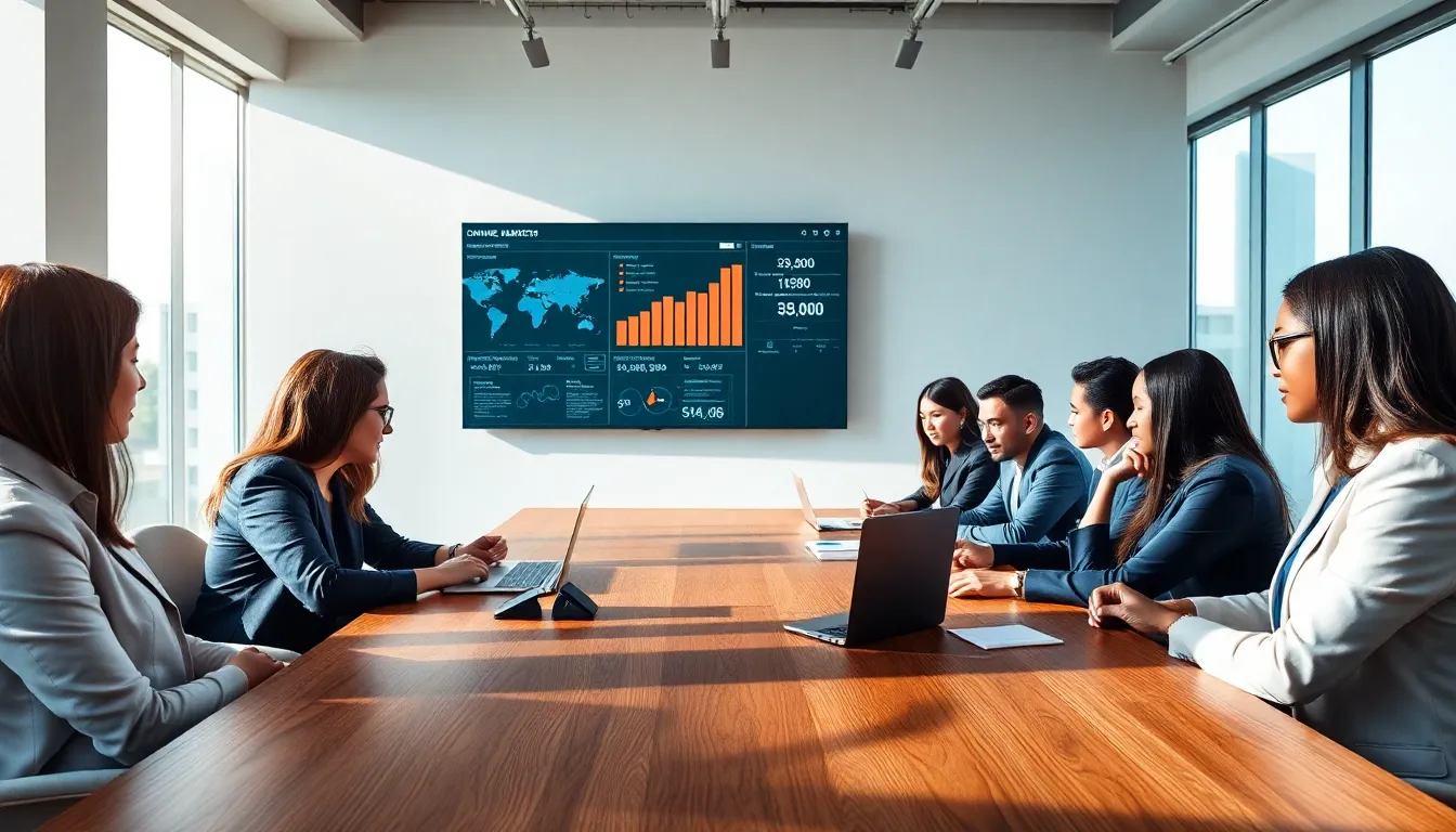a diverse team collaborating on online marketing strategies in a modern office.