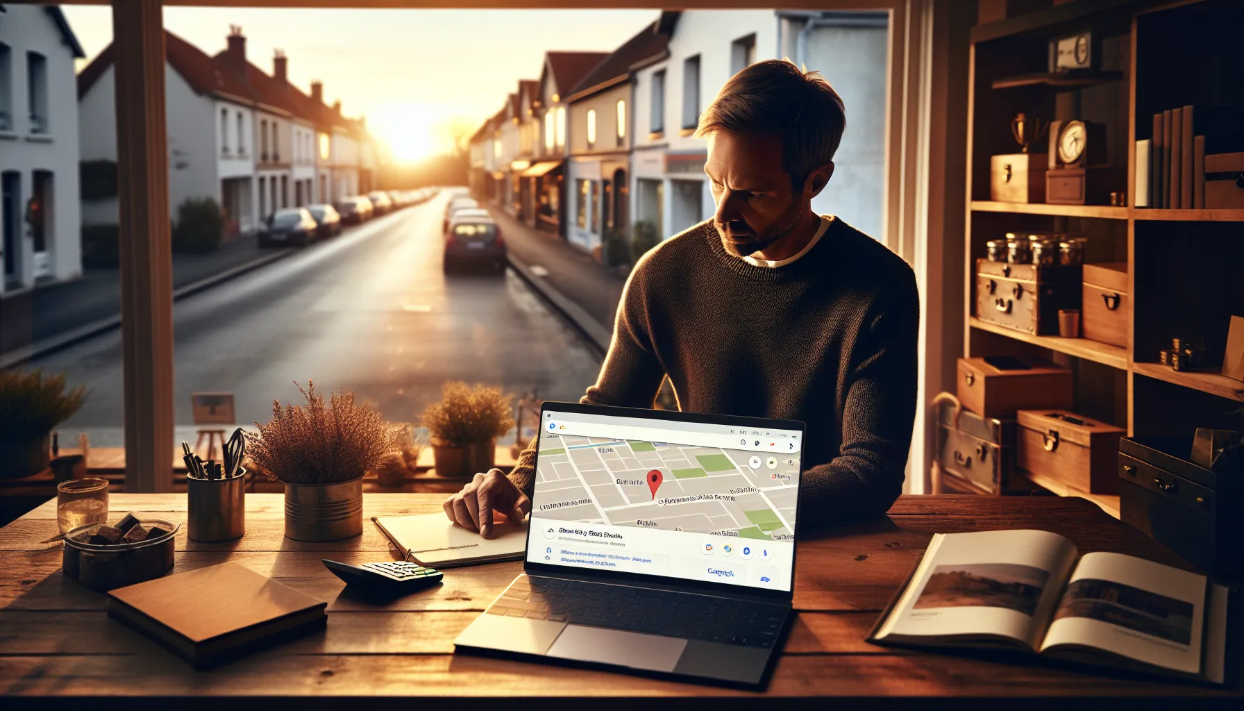 Small shop owner in Vaires-sur-Marne checking local Google SEO results on laptop.