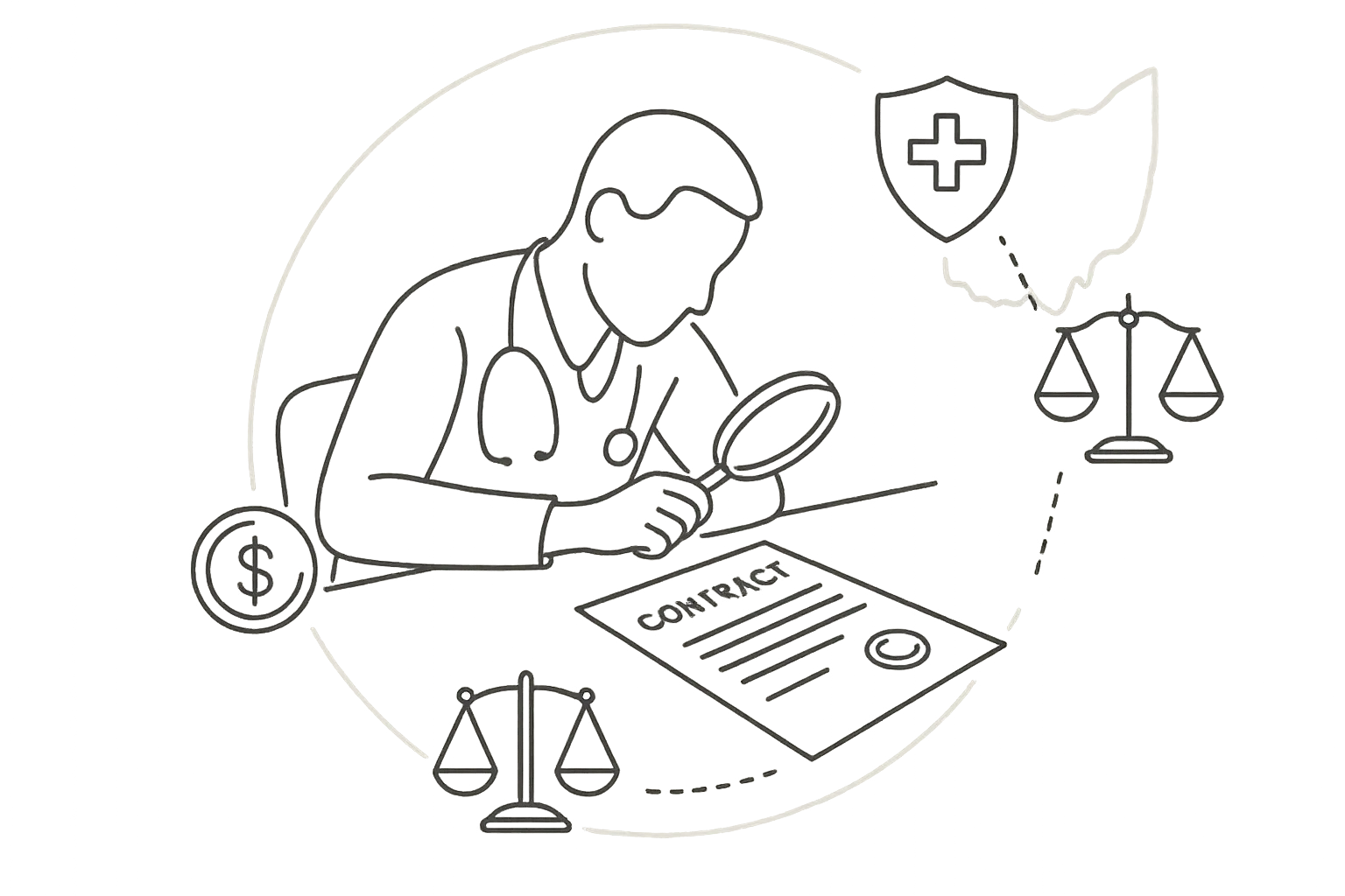 Physician assistant reviewing a contract with icons for pay, malpractice, and regulation of Ohio Physician Assistant Contract Review.