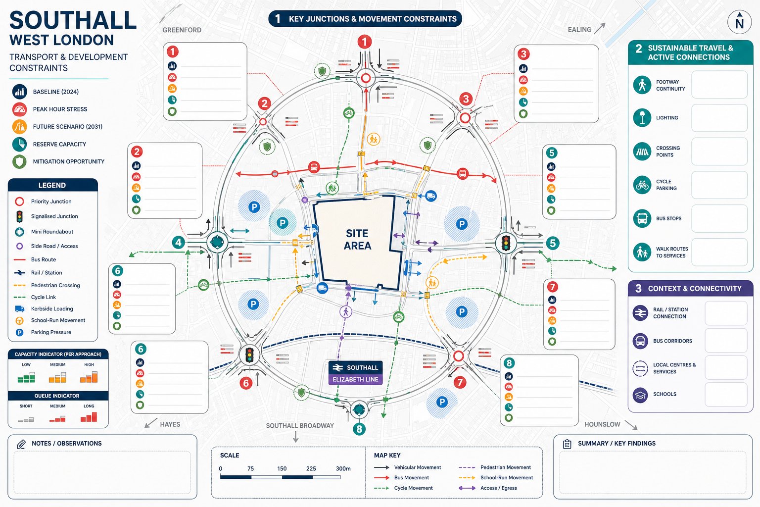 Infographic of Southall development traffic, junction capacity, walking, cycling, and public transport.