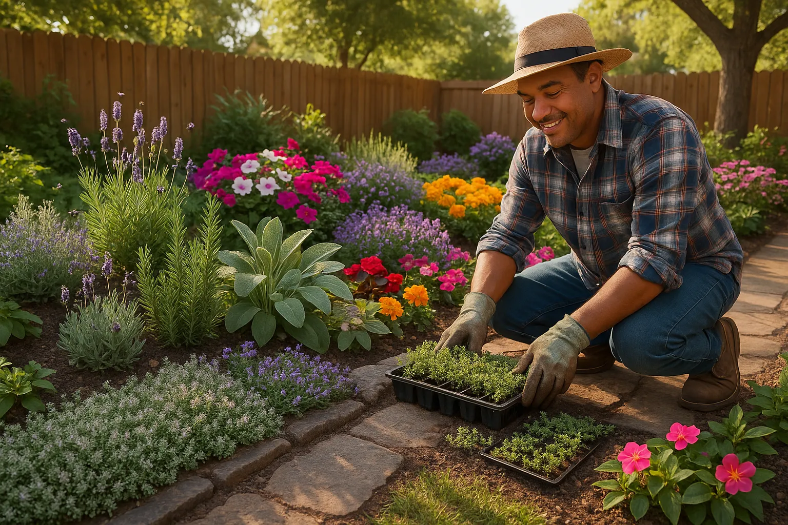 mixed garden bed showing herbs (lavender, rosemary, thyme) and colorful bedding plants
