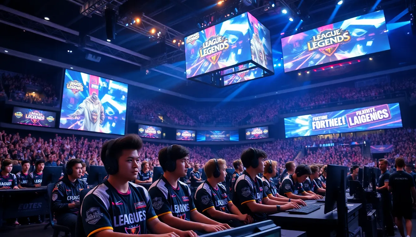 diverse esports competitors in a lively arena atmosphere.