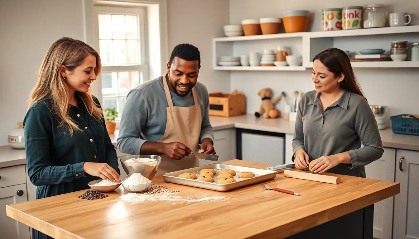 diverse team baking cookies in a cozy kitchen.