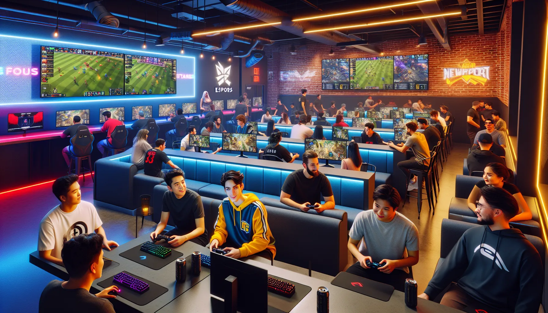 diverse gamers enjoying a high-tech eSports venue.