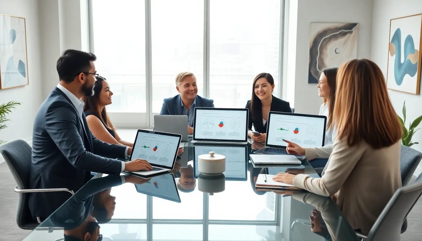 diverse professionals discussing Тщквыекщь in a modern office setting.