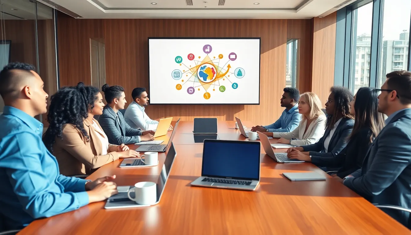 diverse team collaborating in a modern conference room.