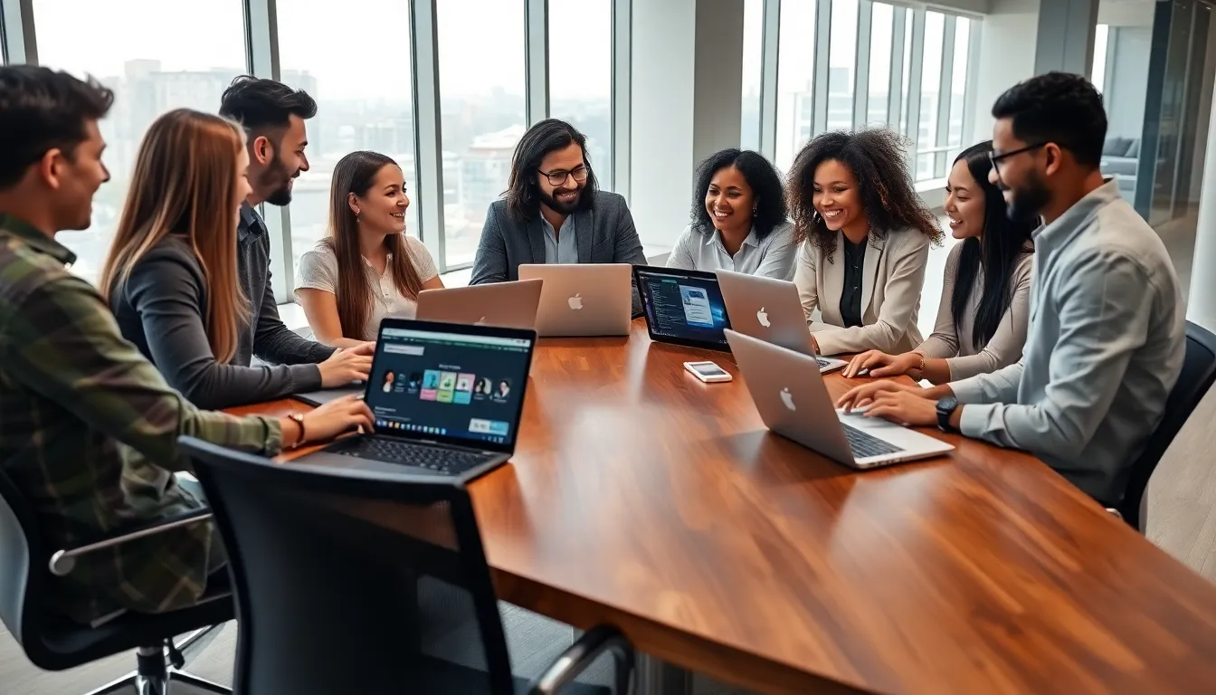 diverse team engaging in online language learning in a modern office.