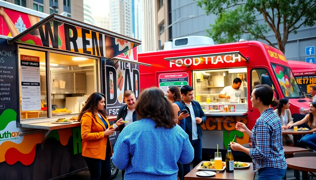 diverse food truck owners engaging with customers in a vibrant urban setting.