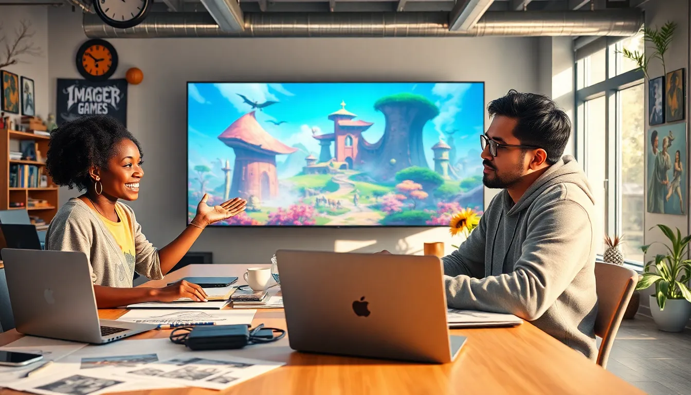 a diverse team collaborating in a vibrant video game development studio.