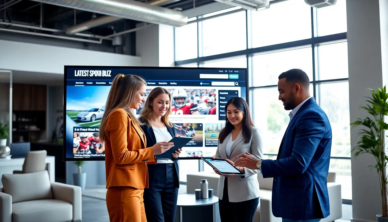 diverse team discussing sports news in a modern office.