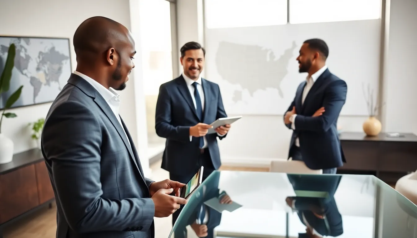 Timothy Williams in a modern office discussing real estate with a client.