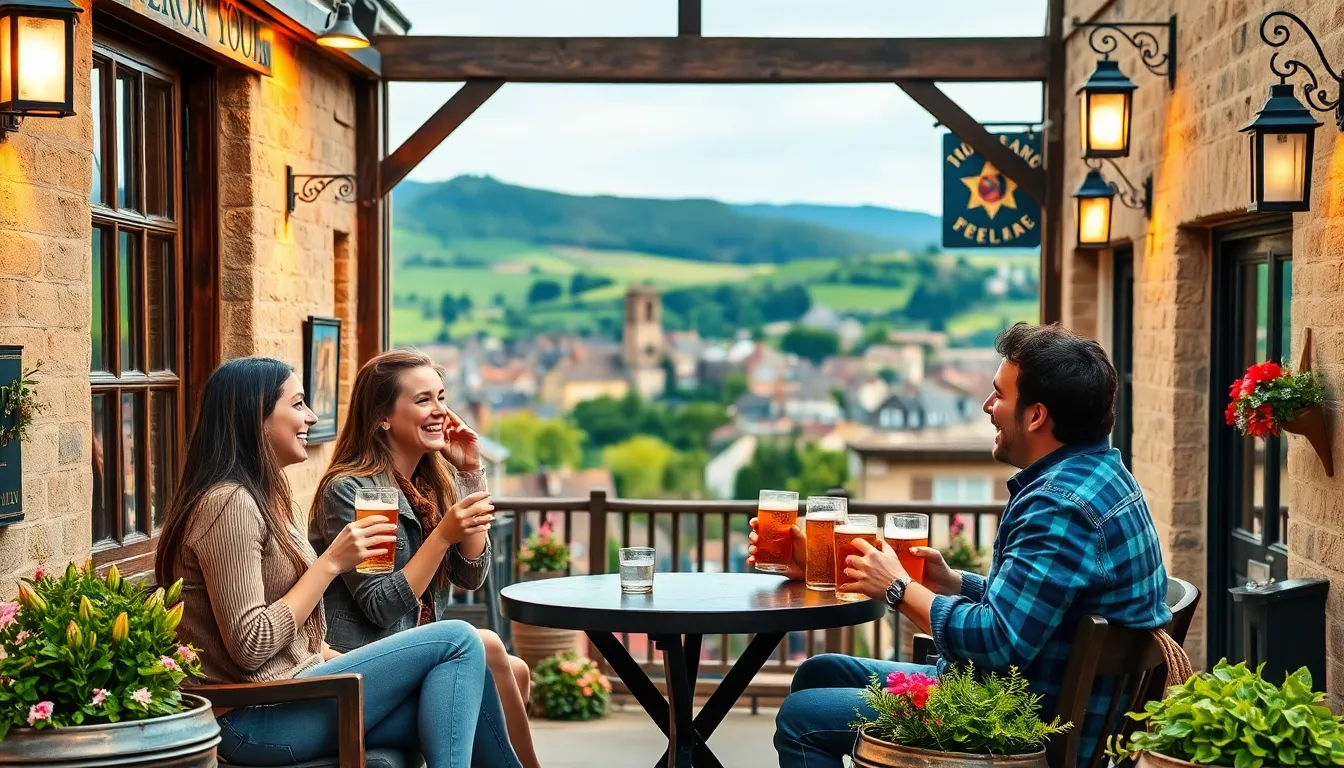 friends enjoying drinks at a quaint pub in the countryside.