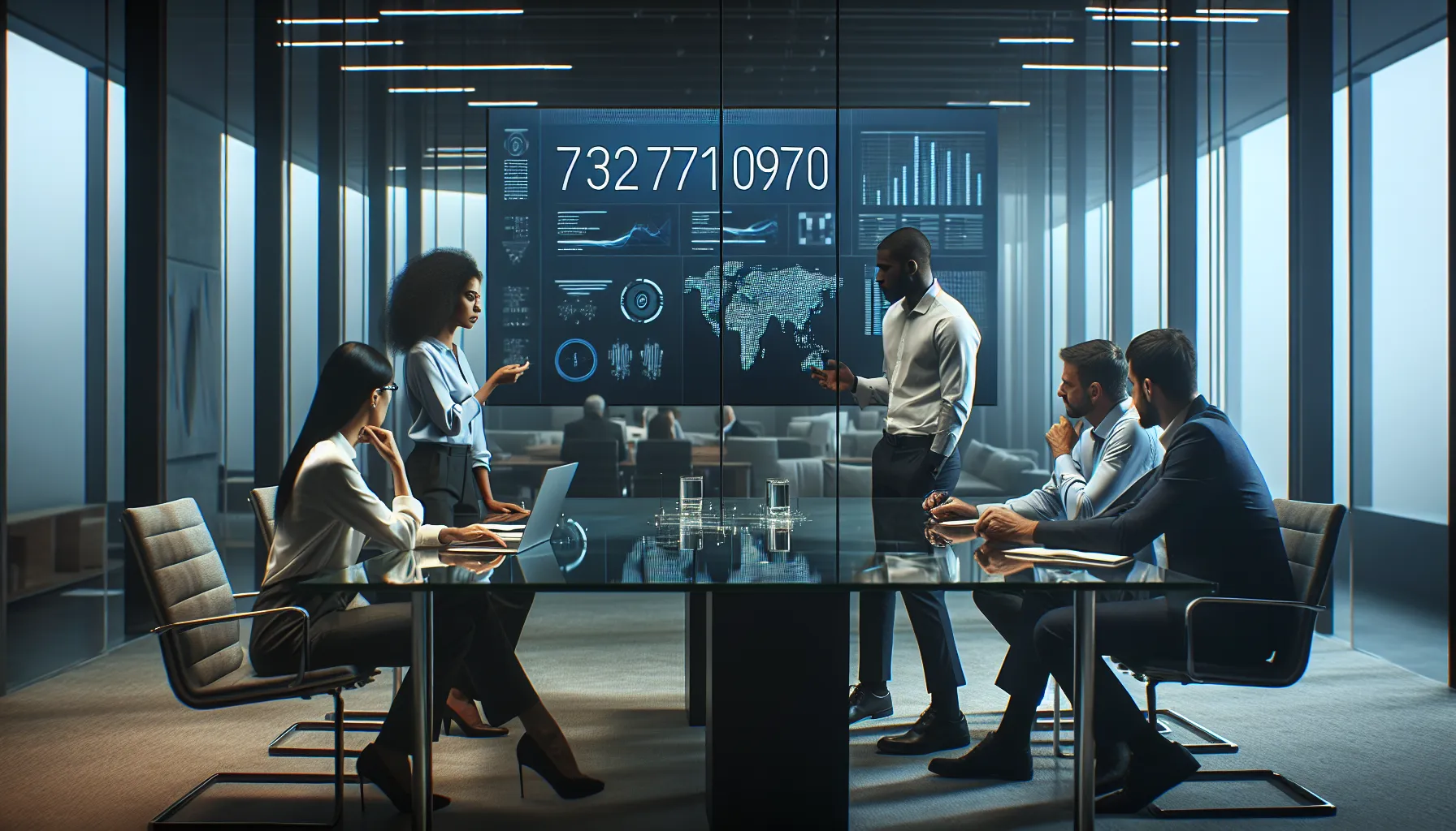 diverse team discussing the significance of the number 7327410970 in an office.