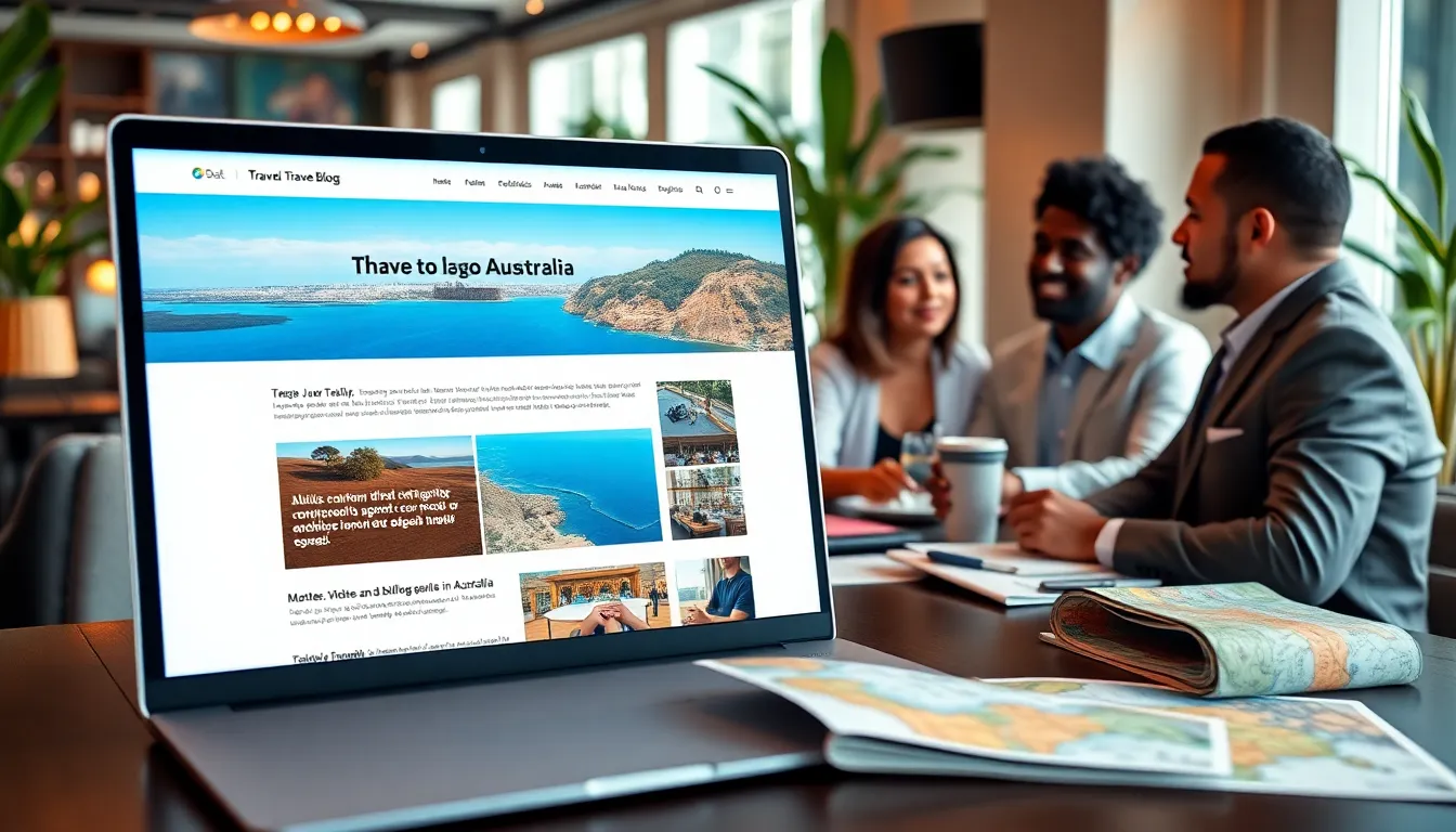 laptop displaying a travel blog about Australia in a cozy café.