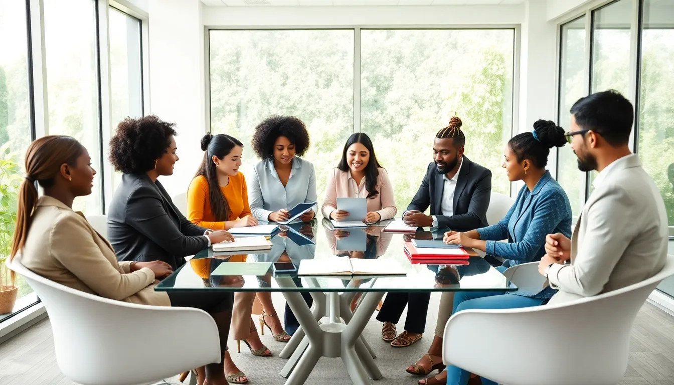 diverse group discussing holistic wellness concepts in a modern workshop.