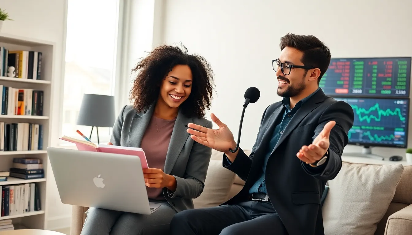 diverse couple learning about investing in a modern home office.