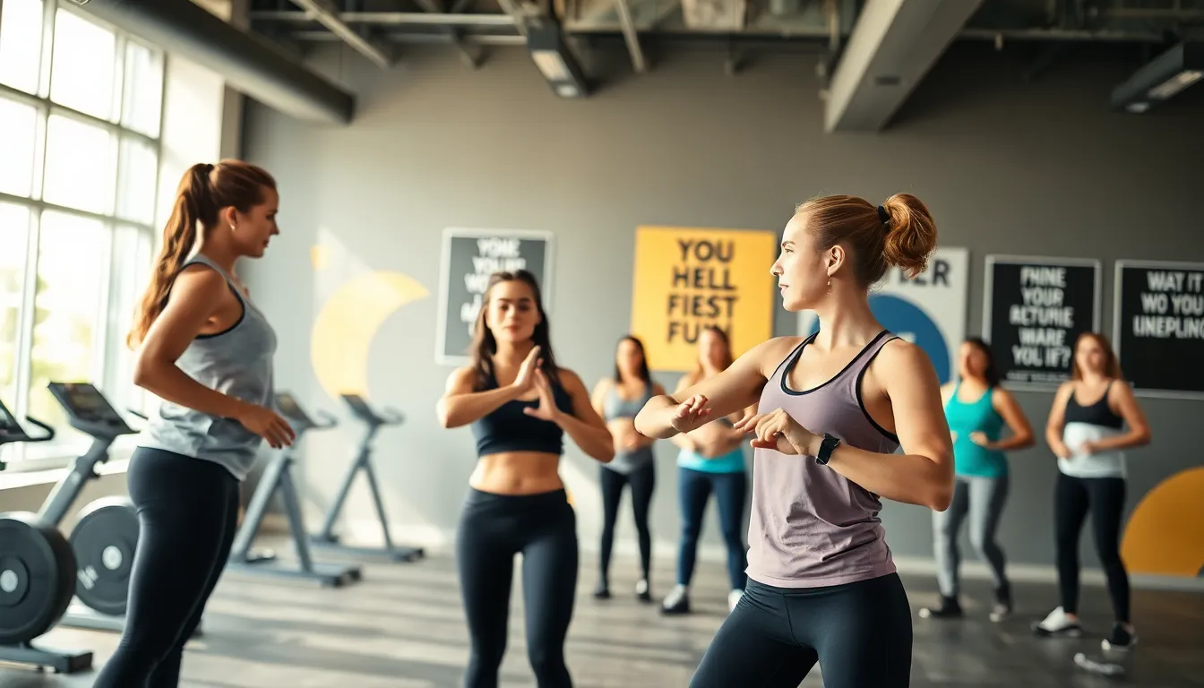 diverse group in a vibrant fitness studio engaging in workouts.