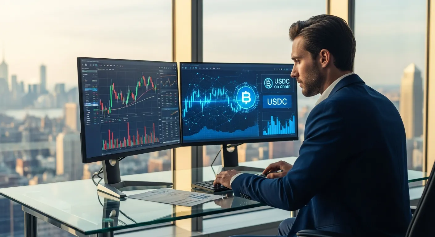 A financial analyst examining stock charts and crypto data in a modern office.