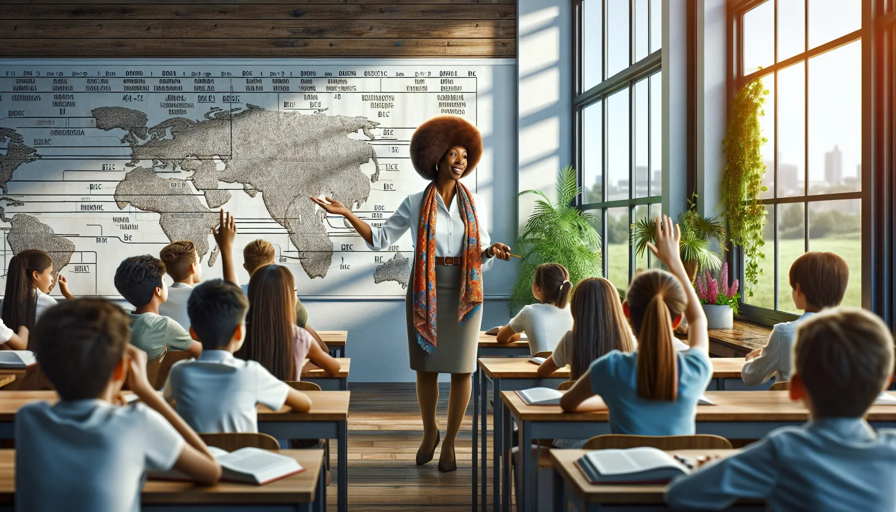 A teacher explaining BC and BCE to diverse students in a bright classroom.