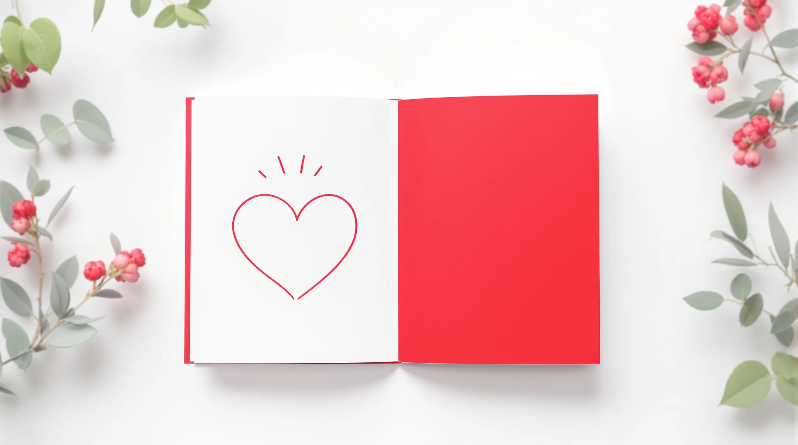 an open greeting card with a red heart radiating warmth