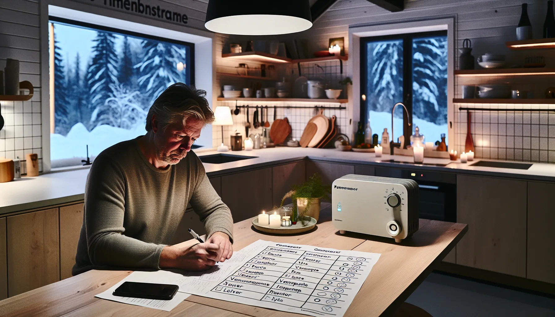Norwegian man listing critical home devices and wattage needs during a winter outage.