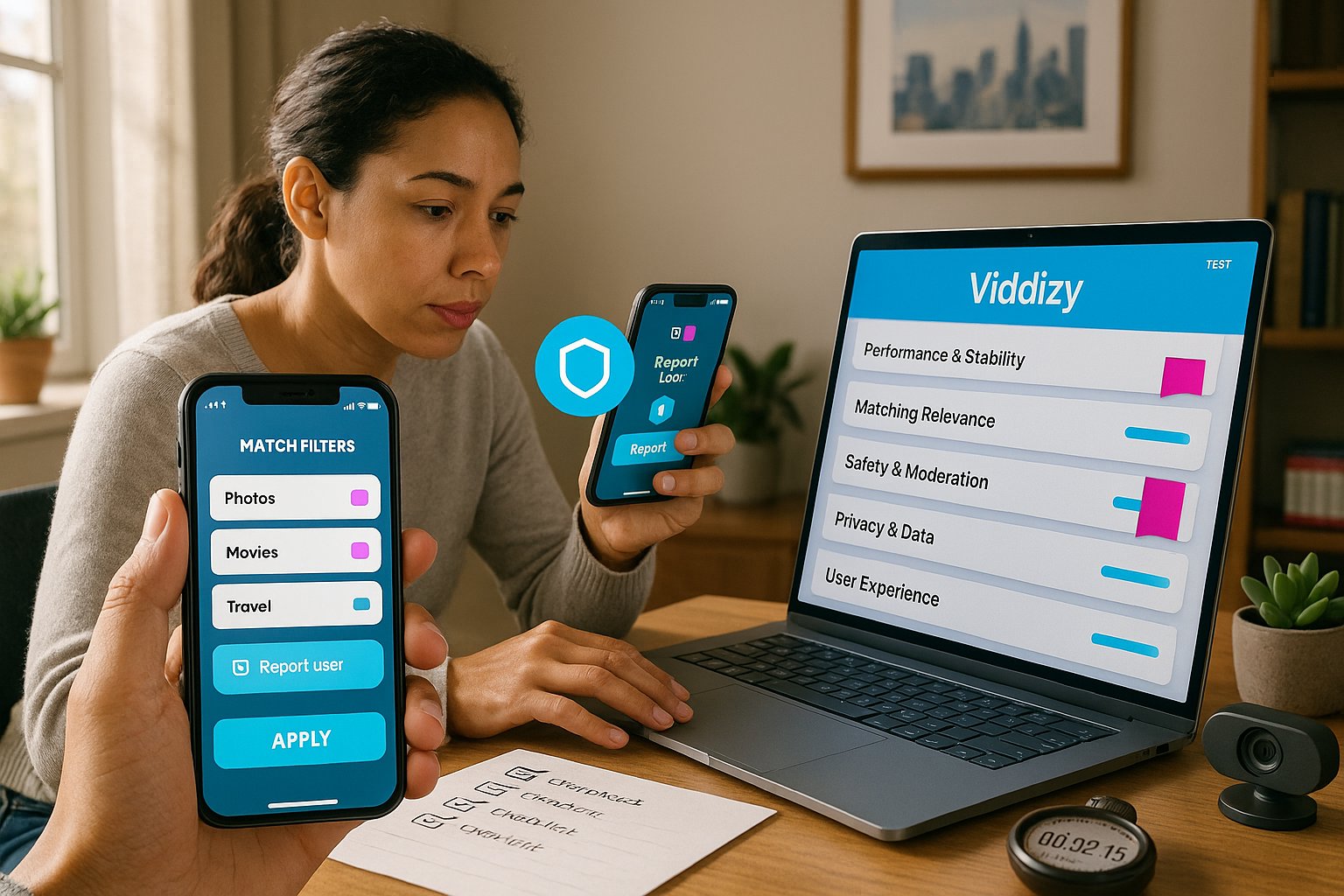 Person testing Viddizy on laptop and phone, dashboard with brand-colored cards.