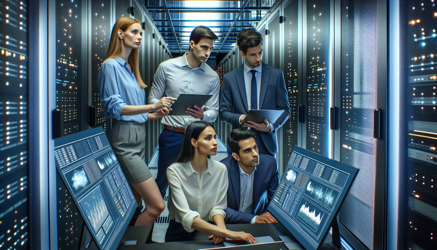 diverse IT team working on data transmission in a modern data center.