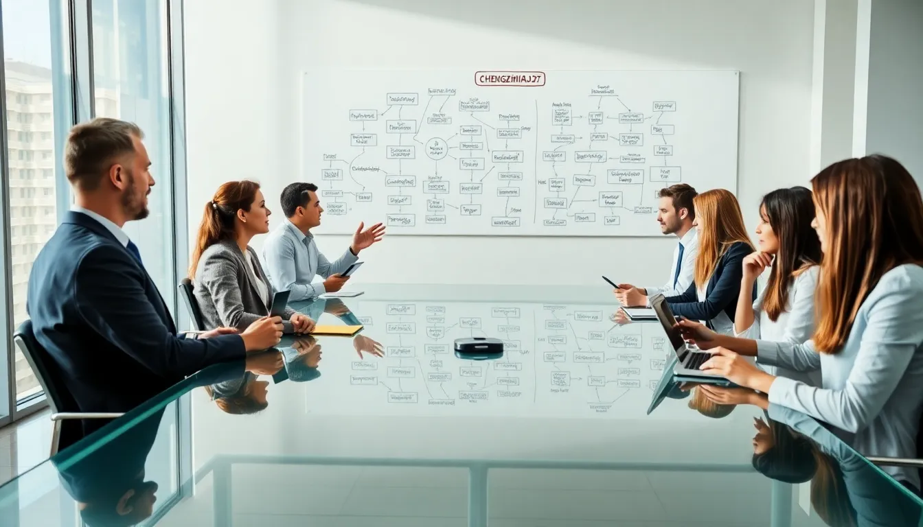 diverse professionals discussing language and communication concepts in a modern office.