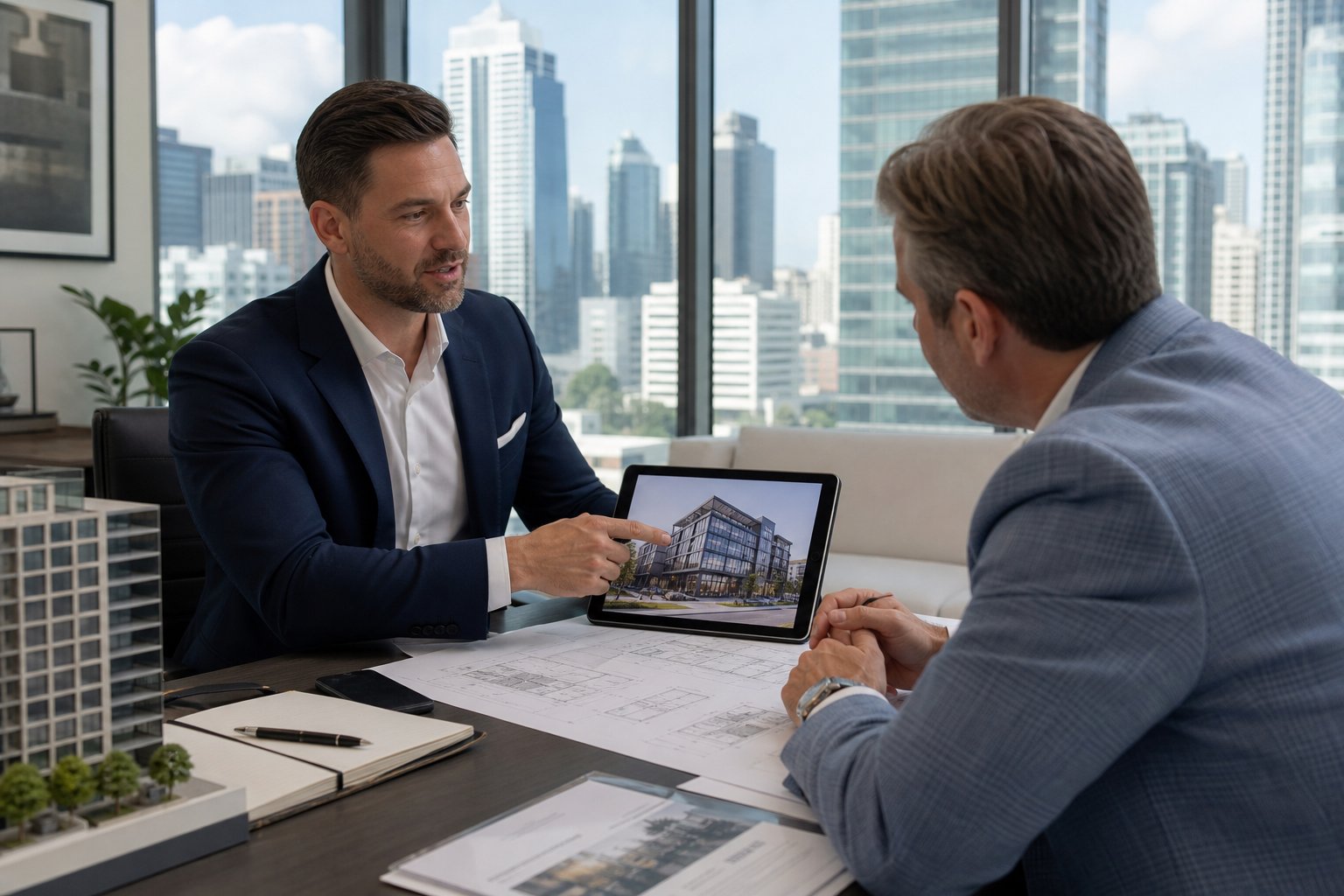 Commercial mortgage consultation in a modern office with advisor, investor, property plans, and city skyline in soft daylight.
