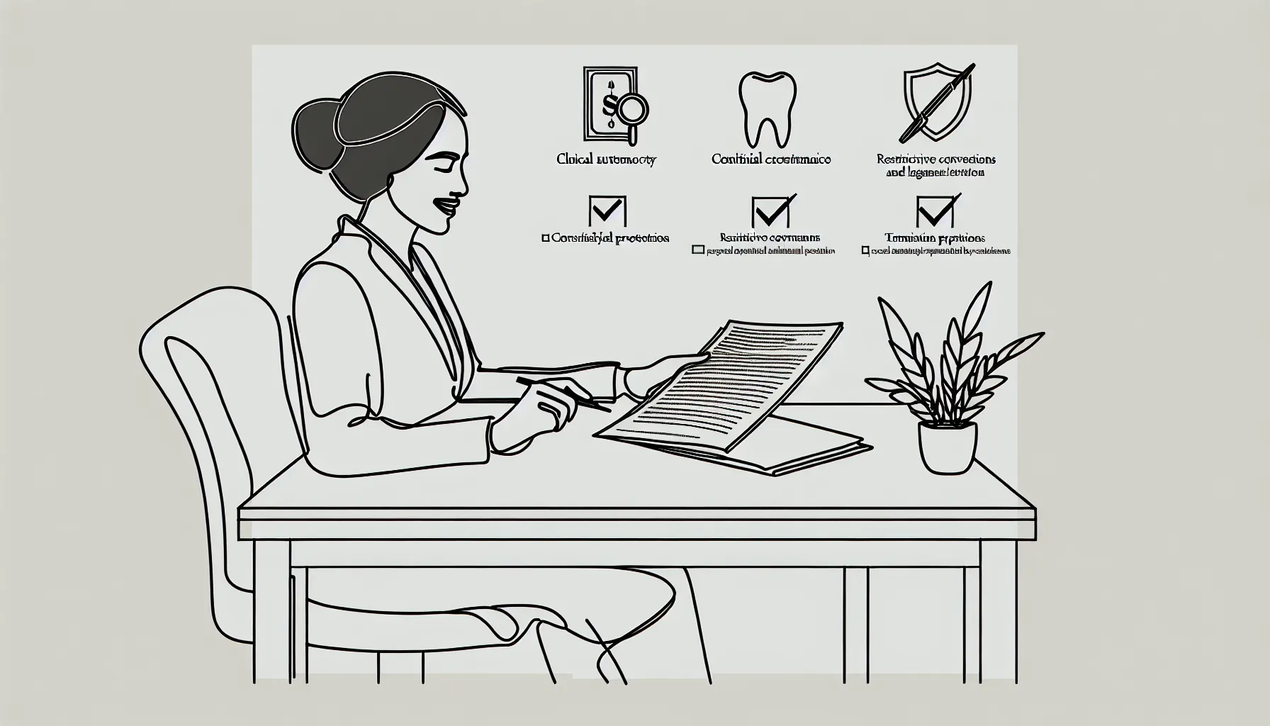 Dentist pointing at a highlighted contract with Colorado outline and legal icons.