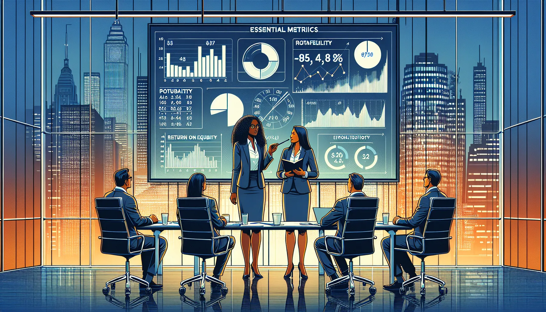 Financial analyst presenting Return on Equity metrics in a conference room.