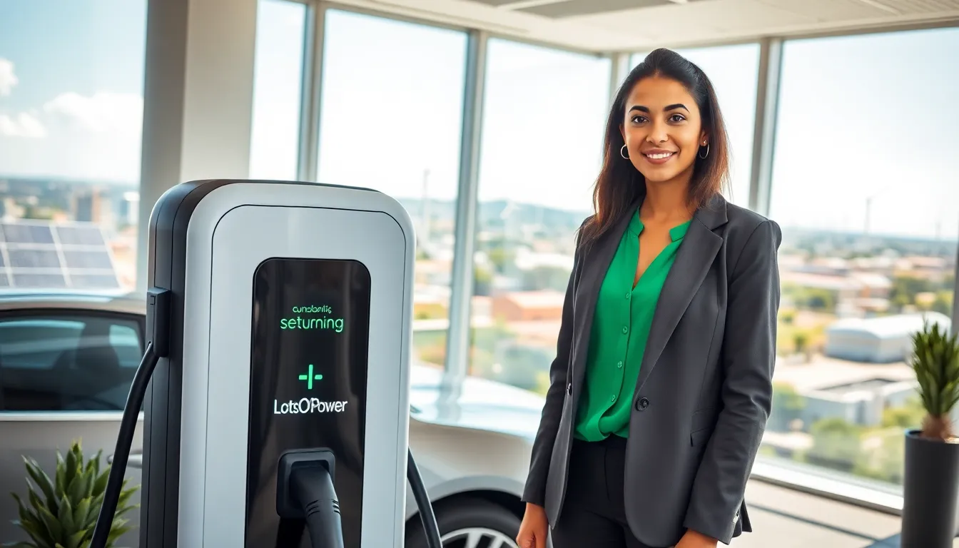 a confident woman beside an electric vehicle charger in a modern office.