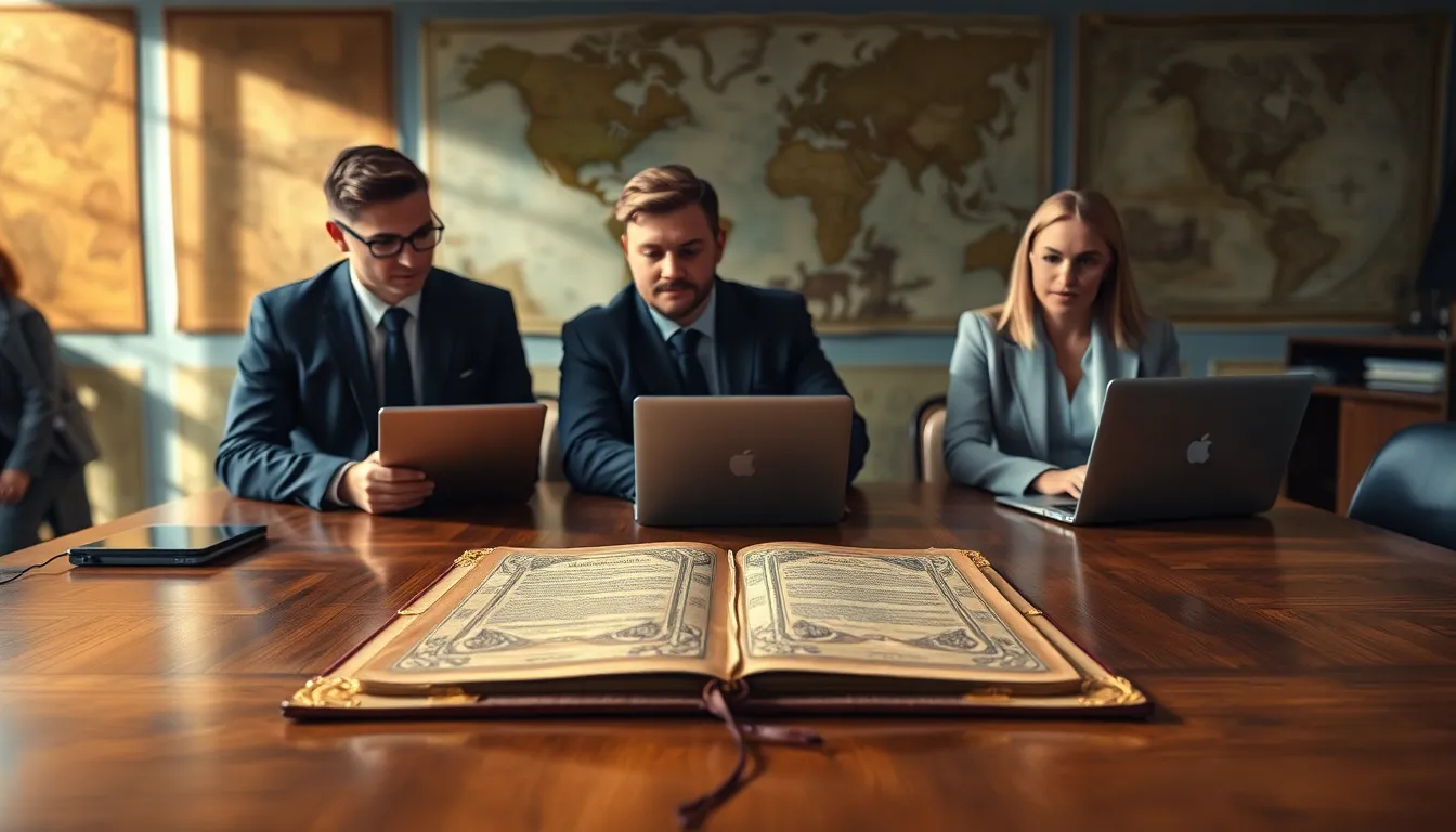 professionals discussing strategy around the Libram of Constitution in a modern office.