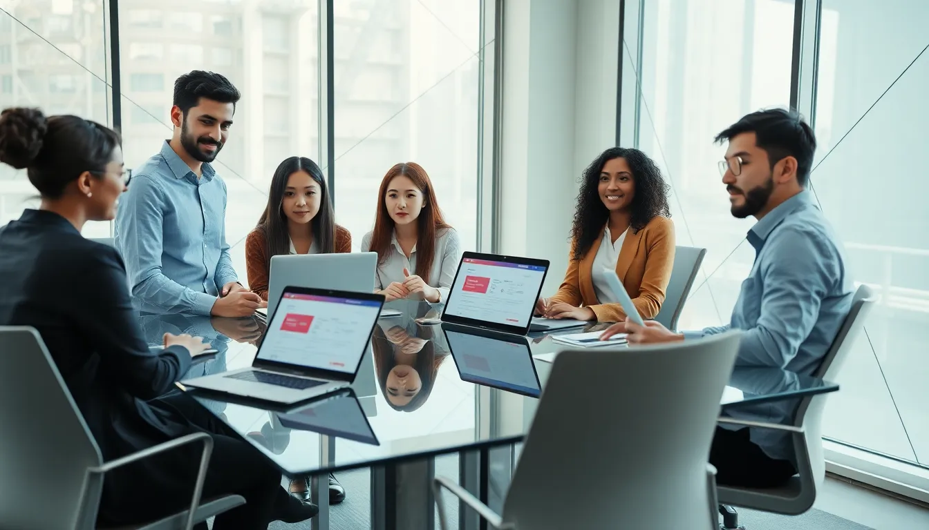 diverse professionals collaborating in a modern office setting.