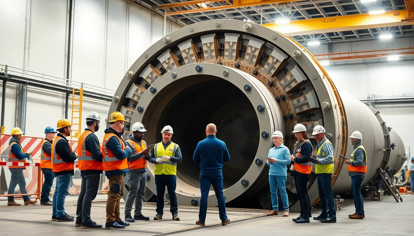 advanced tunnelling site with professionals and a tunnel boring machine.