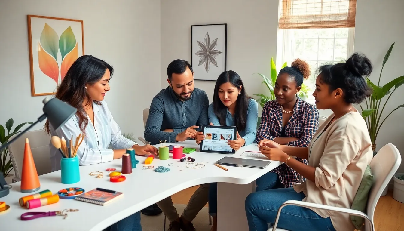 diverse team collaborating on Etsy side hustle in a modern workspace.