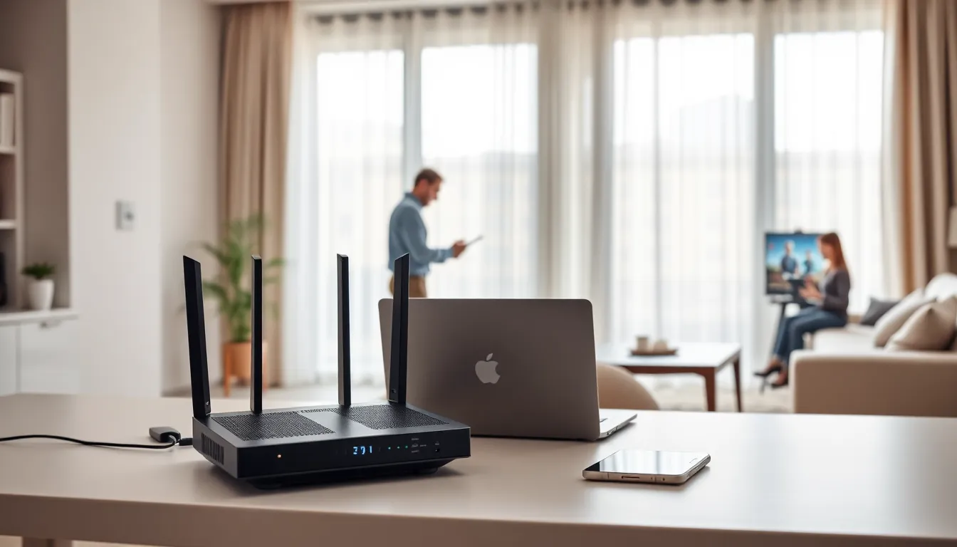 modern home office with networking devices and family using technology.