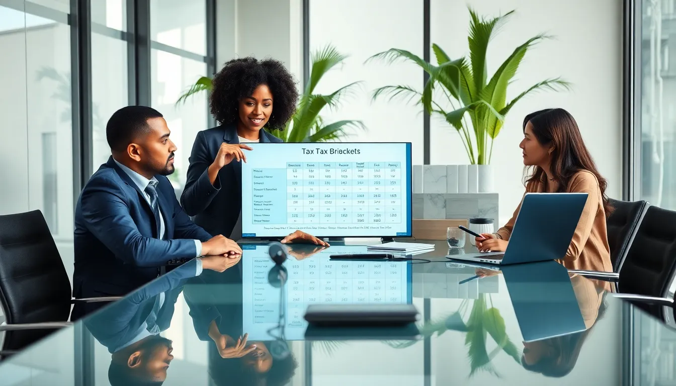diverse professionals discussing tax planning in a modern office setting.