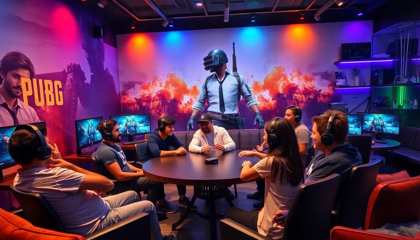 diverse group of gamers discussing PUBG in a modern gaming lounge.