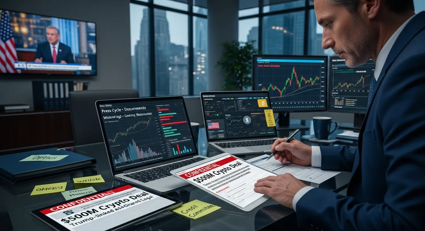 Bank risk officer reviews $500M crypto deal documents amid market and compliance alerts.