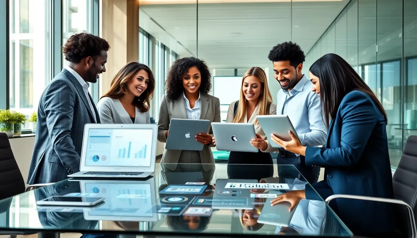 diverse real estate team collaborating in a bright, modern office.