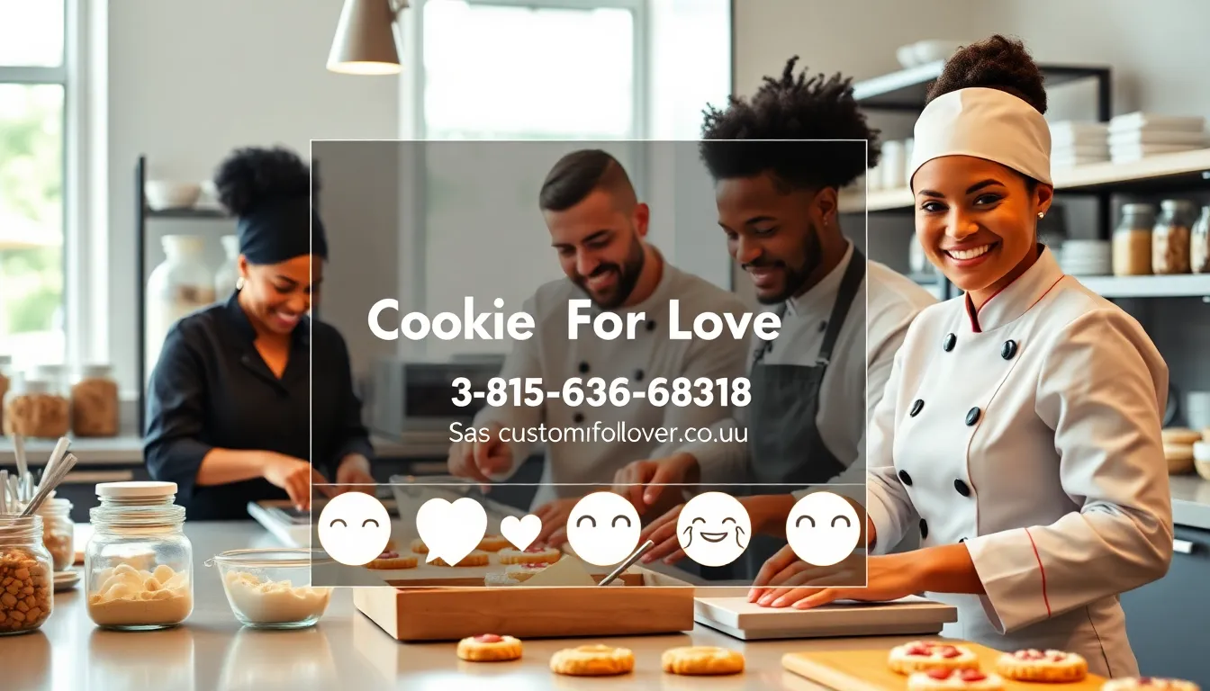 Diverse bakers preparing cookies in a modern kitchen.